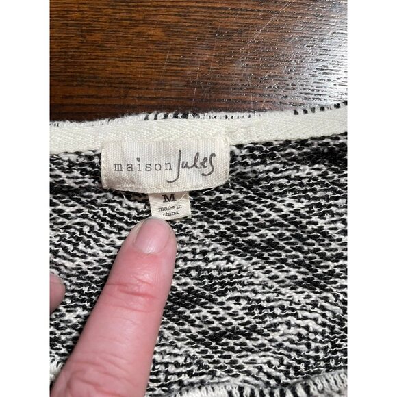 Maison Jules Sweater Boxy Cream & Black Geometric Pattern Mixing Sheer Shoulder - Picture 2 of 6
